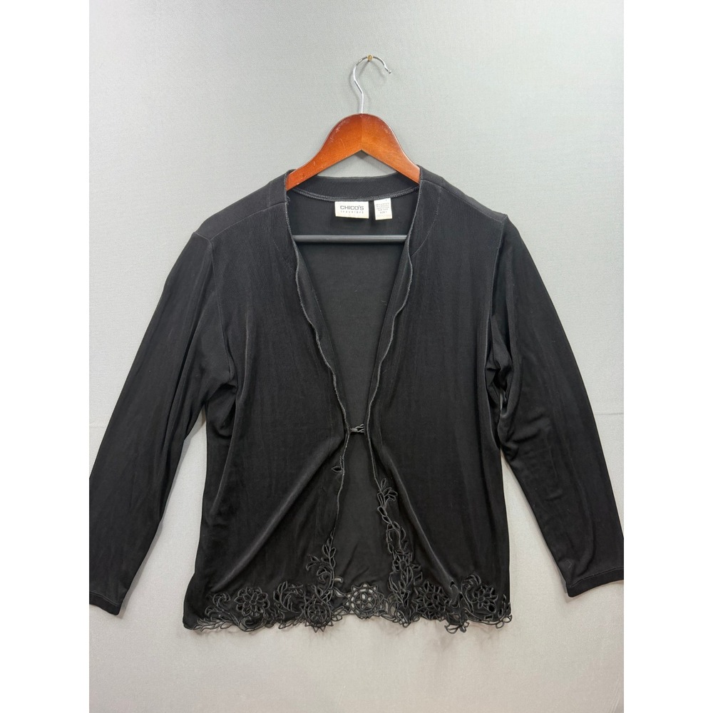 Chico's Travelers Cardigan Womens Black Crochet Lace Hem Hook Eye Size 1 M/L‎